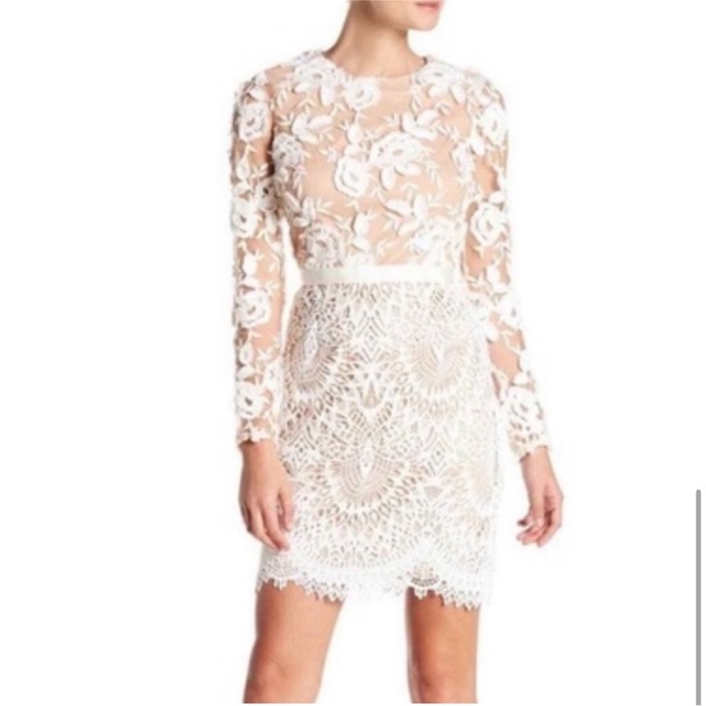 ML Monique Lhuillier White & Beige nude Lacey Cocktail formal Dress xs 3D Sz 2 - Picture 10 of 17